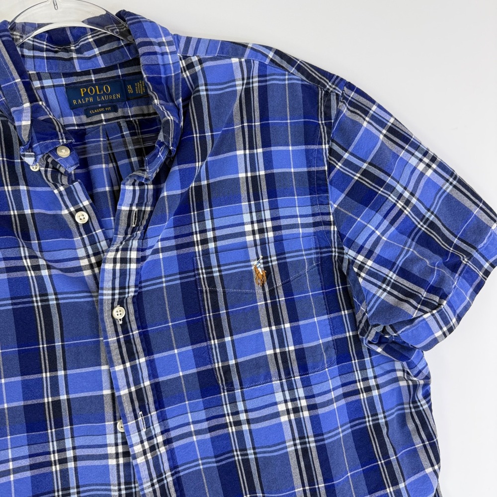 Polo Ralph Lauren Button Down Shirt Mens XL Blue Plaid Classic Fit Short Sleeve
